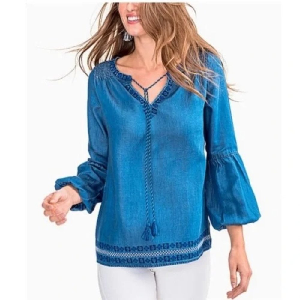 NWT Womens Size Small Soutern Tide Embroidered Tencel Denim Vintage Wash Blouse